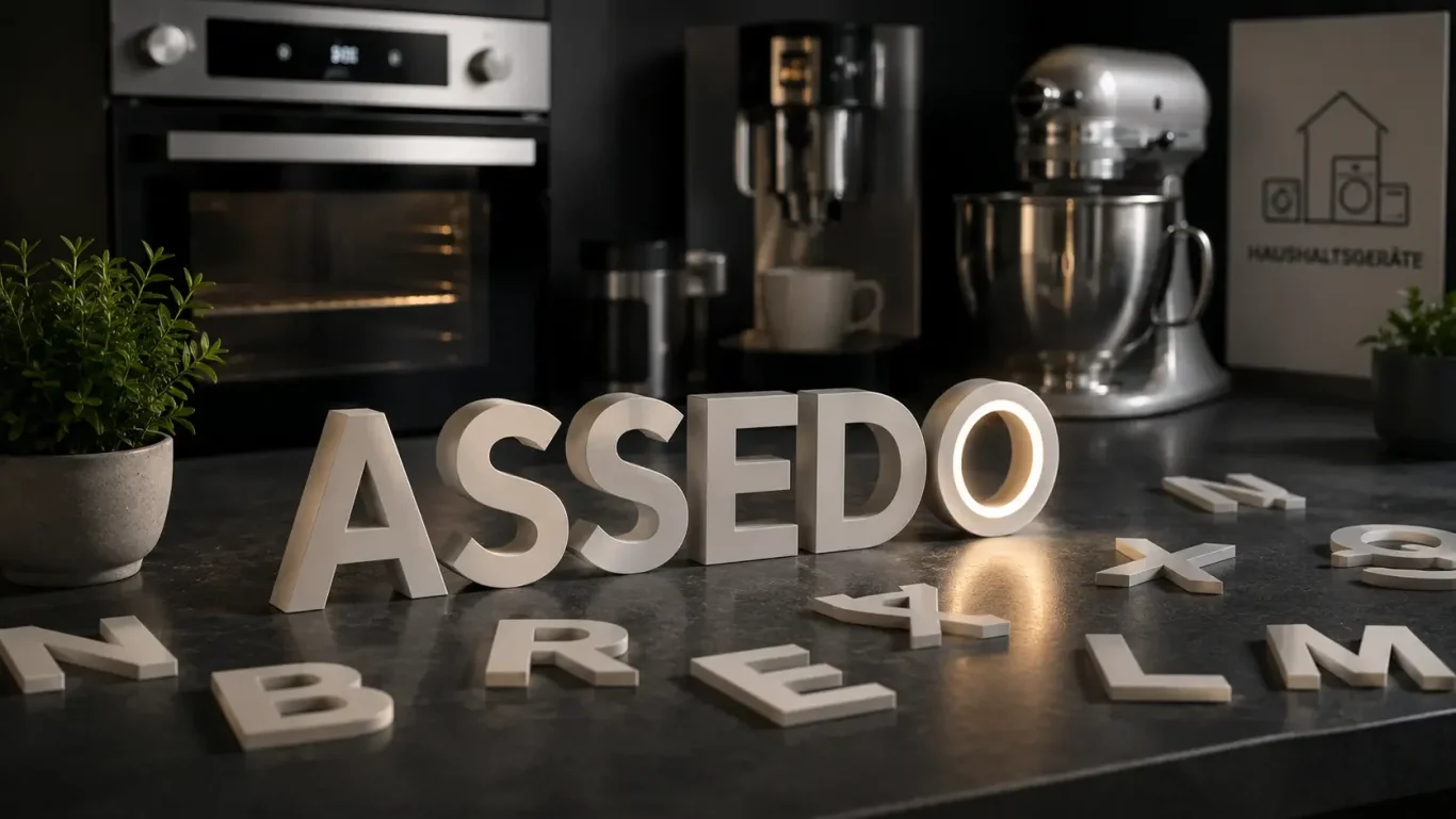 Produktname ASSEDO als Beispiel für professionelle Namensentwicklung Namensentwicklung für Haushaltsgeräte mit dem Produktnamen ASSEDO und liegenden Buchstaben auf einer Küchenarbeitsplatte