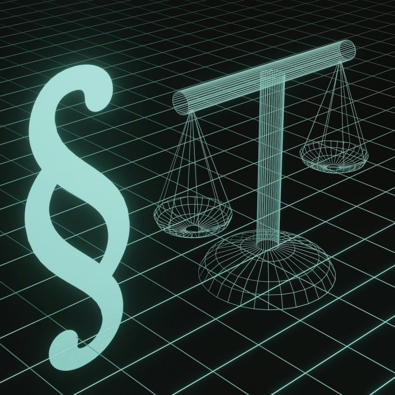 gesetz Paragraphenzeichen und Waage der Gerechtigkeit vor einem digitalen Hintergrund.