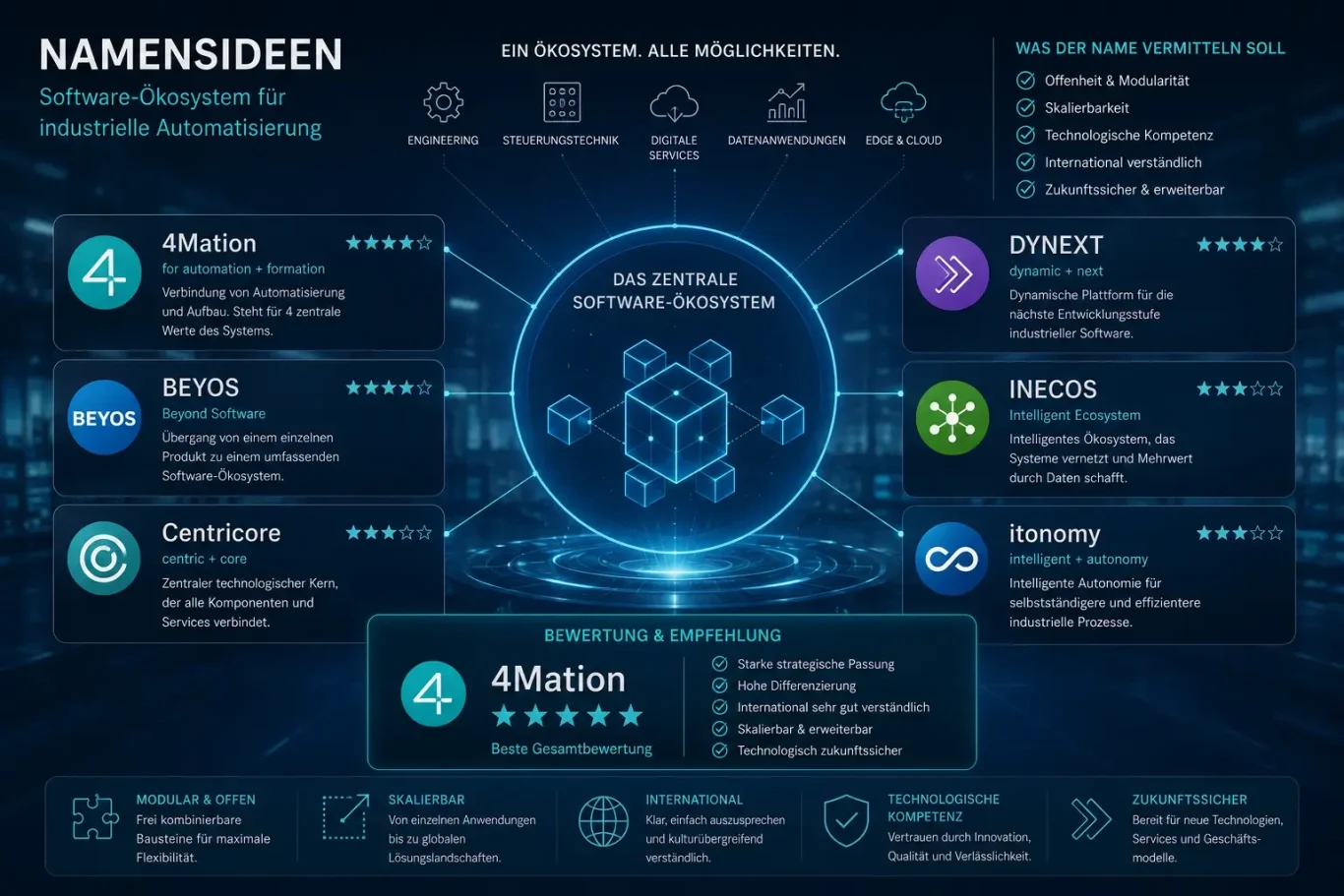 grafik_namensbewertung Namensideen für ein industrielles Software-Ökosystem mit 4Mation, BEYOS, Centricore, DYNEXT, INECOS und itonomy