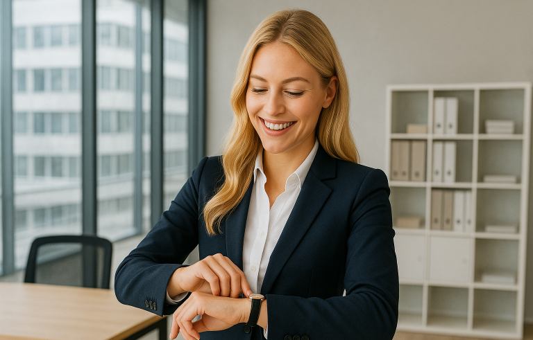 frau Frau in Anzug schaut auf ihre Smartwatch und lächelt in einem modernen Büro einer Namensagentur.